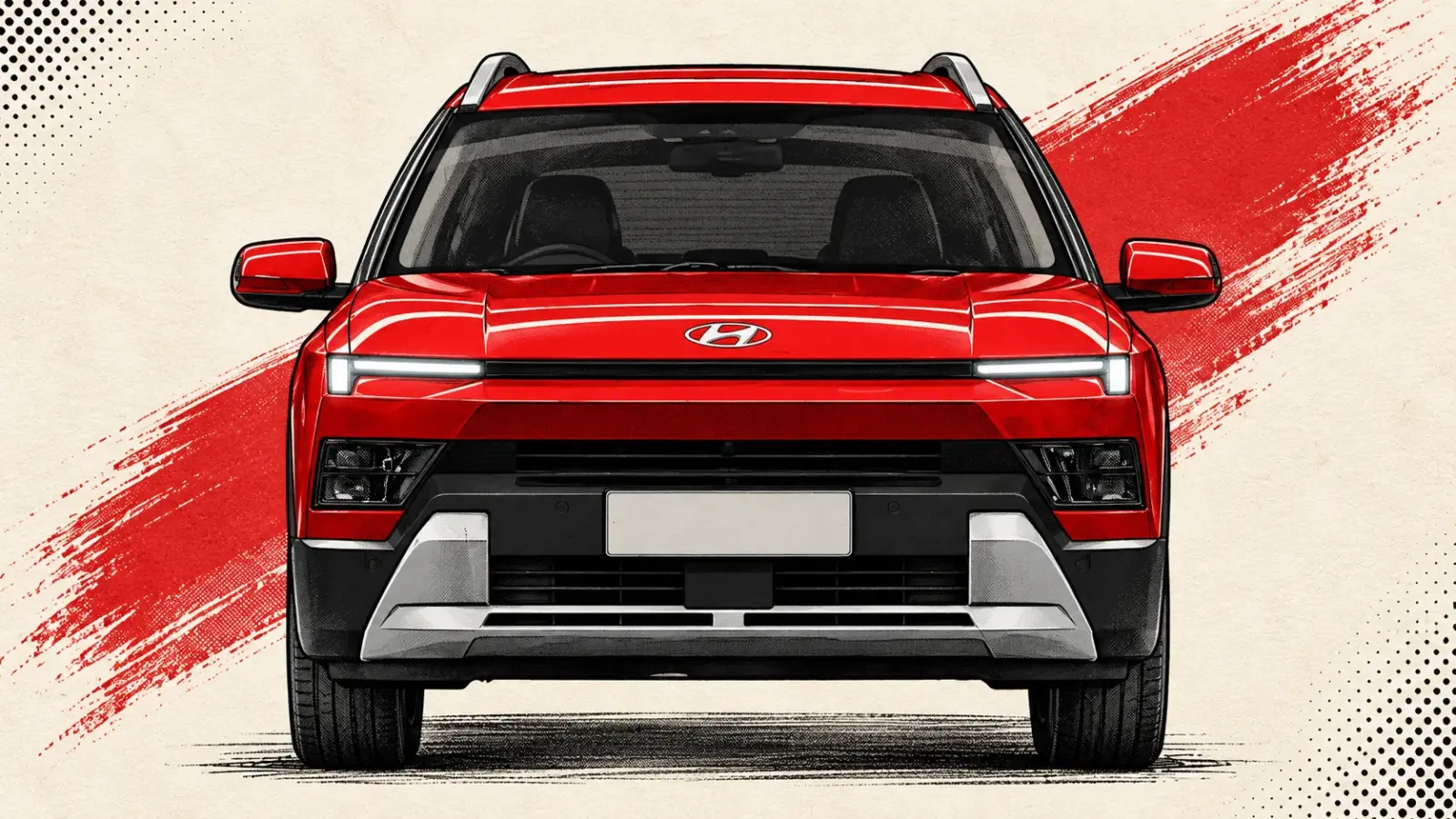 AI-assisted front-view illustration of the red India-spec Hyundai Bayon