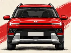 AI-assisted front-view illustration of the red India-spec Hyundai Bayon
