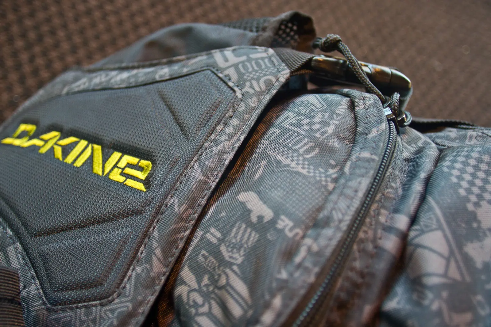 Close-up of a hydration backpack and its padded harness