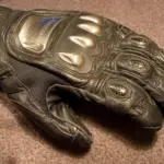 Close-up of a leather motorcycle glove with knuckle protection
