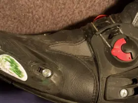 Close-up of the toe slider on a motorcycle boot