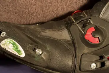 Close-up of the toe slider on a motorcycle boot