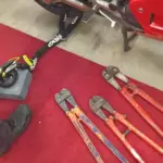 Motorcycle security locks and chains displayed together