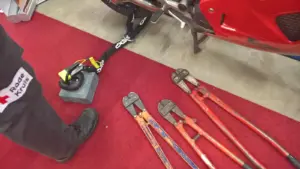 Motorcycle security locks and chains displayed together