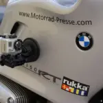 Action camera mounted to the bodywork of a touring motorcycle