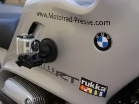 Action camera mounted to the bodywork of a touring motorcycle