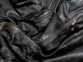 Close-up of the zips and texture of a black leather jacket