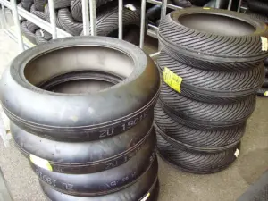 Stacks of motorcycle racing tyres