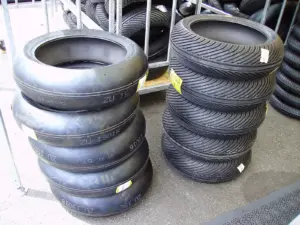 New motorcycle racing tyres arranged in stacks