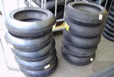 New motorcycle racing tyres arranged in stacks