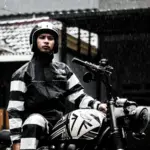 Motorcyclist wearing rain gear in rainfall